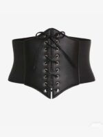 Women’s Genuine Lamb Leather Lace-Up Corset Waist Belt – Black